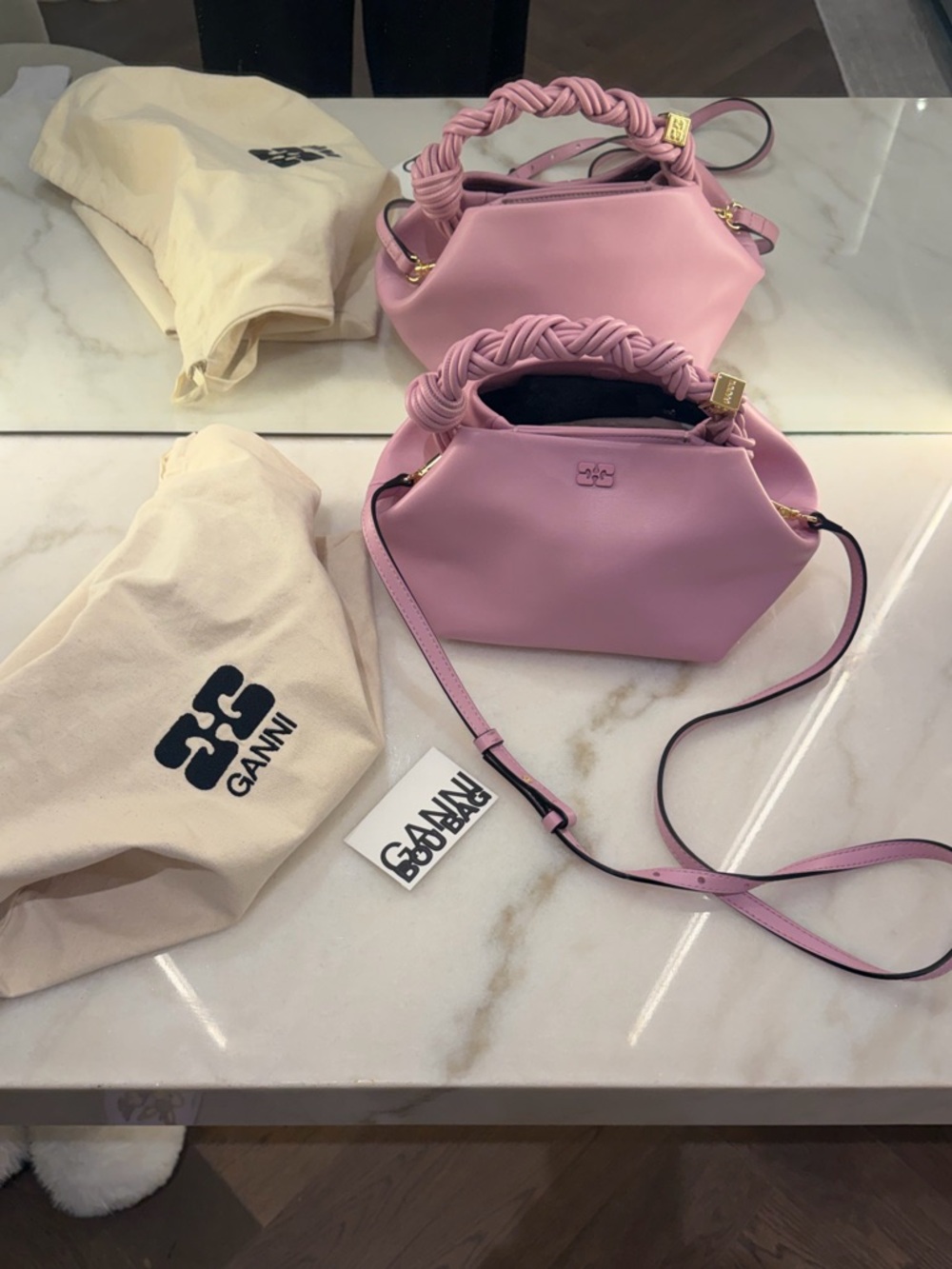 Ganni Pink Braided-Handle Mini Leather Crossbody